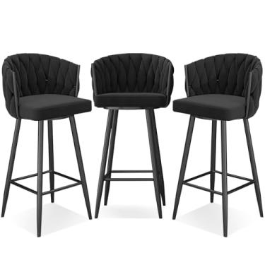 Imagem de Banquetas de bar giratórias modernas de 360°, cadeiras de cozinha estofadas de altura de bar com pernas de aço e apoio para os pés, perna preta preta, 3 peças