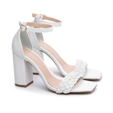 Imagem de Sandália Feminina Salto Alto Grosso 8,5cm Napa com Tira Trançada e Fivela Ajustável – Elegante e Confortável (Branco, BR, Adulto, Numérico, 36)