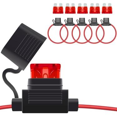 Imagem de 5 peças de porta-fusíveis em linha 12 V, 18 AWG fusíveis em linha, porta-fusíveis à prova d'água com fusíveis de lâmina padrão ATC/ATO 10A para automotivo, marítimo, iluminação de carrinho de golfe