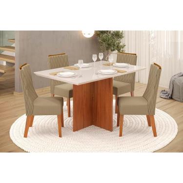 Imagem de Conjunto: Mesa Sala Jantar Hera c/ Tampo Madeirado c/ Vidro Reto 120x90cm e 4 Cadeiras Jade Freijo/Off White - Linho Bege - DJ Móveis