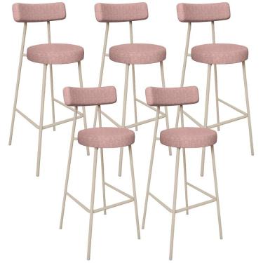 Imagem de Kit 05 Banquetas Alta Bar Cozinha Sala De Jantar Aço Milão Arena L02 Linho Rosa - Lyam Decor