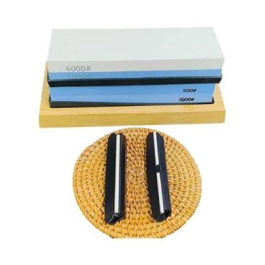 Imagem de Kit Profissional De Pedras De Afiar Facas Com Base De Bambu Antiderrap