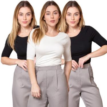 Imagem de Kit 3 Blusas Feminina Manga 3/4 com Abertura nas Costas - Maranne, Kit
