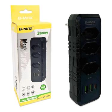 Imagem de Adaptador 10A 3 Tomadas 2 USB/C MAX 2500W BM-8702B Preto