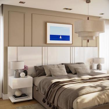 Imagem de Cabeceira Casal Sleep para Cama Queen King com 2 Mesas de Cabeceira em MDF MDP Branco O...