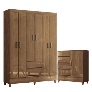 Imagem de Guarda Roupa Casal 6 Portas Com Pés Fit E Cômoda 1 Porta E 4 Gavetas Fit Jequitibá Acetinado - Santos Andirá