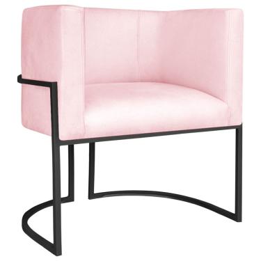 Imagem de Poltrona Dália Luxo Moderna Estofada Design Sofisticado Com Base De Ferro Preto Suede Rosa Bebê