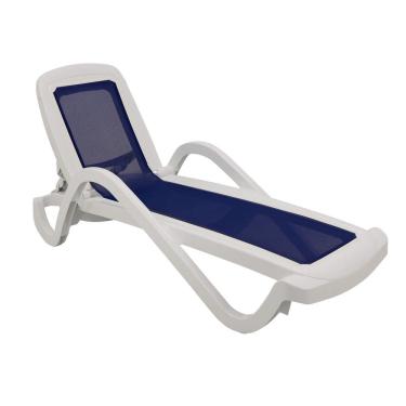 Imagem de Espreguiçadeira Cancún Tela Azul Escura em Polipropileno Fixa com Rodas Reclinável 4 Posições Branco