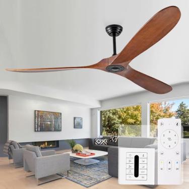 Imagem de Ceversa Ventilador de teto externo de 182 cm sem luz, ventiladores de teto de madeira maciça sem luzes com controle remoto/interruptor de controle de parede, hélice grande de 3 lâminas de nogueira