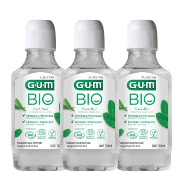 Imagem de Kit 3 Enxaguante Bucal Antisséptico Gum Bio Sabor Hortelã sem Álcool Fluoretado Transparente 3x300ml