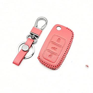 Imagem de WSWJDW Estojo de couro para chaves Estojo de 3 botões para chaves do carro Estojo para chaveiros em anel Bolsa para chaves, adequado para Kia Sorento Rio Rio5, vermelho