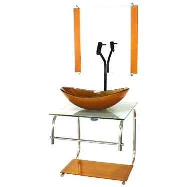 Imagem de GABINETE DE VIDRO CUBA OVAL 40CM INOX MARMORE BRANCO DOURADO COM TORNEIRA PRETA