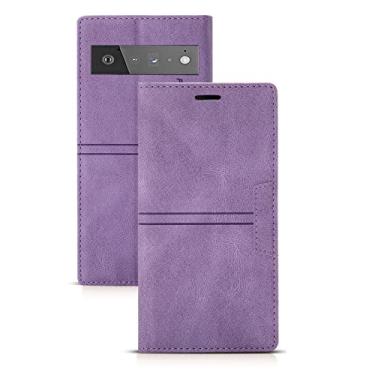 Imagem de Capa carteira para Google Pixel 6/6Pro, couro PU magnético flip folio capa com suporte para cartões e proteção de câmera à prova de choque TPU capas de proteção, roxas, 6 6,3 polegadas