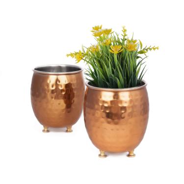Imagem de Conjunto de 2 potes de plantas suculentas GoCraft – Caneca inspirada em cobre martelado, pequeno cacto, ervas, recipiente para janela para decoração de mesa de escritório