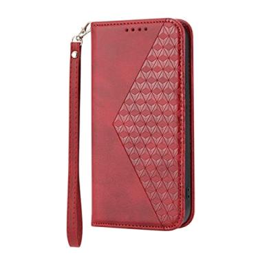 Imagem de DENSUL Capa de couro para iPhone 14/14 Pro/14 Plus/14 Pro Max, capa carteira de cartão, capa flip magnética, pulseira anti-queda TPU pára-choques à prova de choque diamante capa de pressão, vermelha, 14 Plus 6,7 polegadas