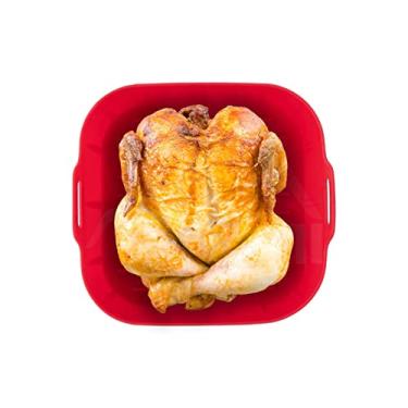 Imagem de Panela de silicone Air Fryer, 16x16cm, substituição de forros de papel, cesta quadrada de silicone para fritadeira a ar reutilizável segura para alimentos acessórios de forno micro-ondas (Vermelho)