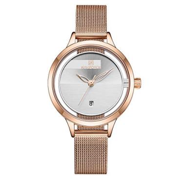 Imagem de NAVIFORCE Relógio de pulso feminino, moderno, minimalista, impermeável, analógico, com pulseira de malha de aço inoxidável, RG/W, M, Movimento de quartzo