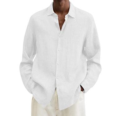 Imagem de Ajuste solto masculino curto verão algodão sólido casual plus size camisa solta masculina gola virada para baixo manga longa camiseta branca, Branco, M