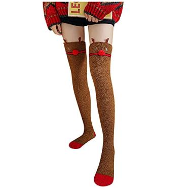 Imagem de Meias femininas de cano alto tricotadas quentes grossas altas botas longas meias polainas de Natal meias femininas altas, Marrom, One Size