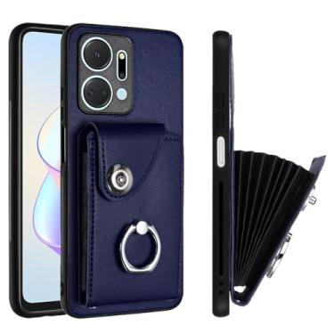 Imagem de Carteira Compatível com capa carteira Huawei Honor X7A com porta-cartões, capa à prova de choque com botão magnético de couro PU + capa protetora com suporte para dedo com rotação de 360° (Size : Blu