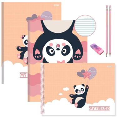 Imagem de Kit Caderno Urso Panda Brochura 2Un 80 Folhas + Desenho 60 Folhas Capa