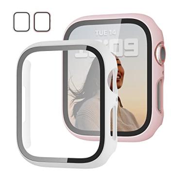 Imagem de JZK Pacote com 2 capas com protetor de tela de vidro temperado para Apple Watch séries 3/2/1 de 42 mm, capa protetora fina para Apple Watch 42 mm, rosa + branco