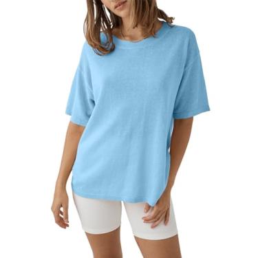 Imagem de Tankaneo Camisetas femininas de verão de meia manga, tamanho grande, casual, caimento solto, transparente, Azul, P