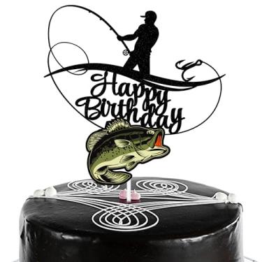 Imagem de Fisherman Birthday Cake Topper, Angler Shakes His Rod and Catches a Big Fish Cake Topper, Double Sided Glitter