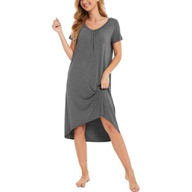 Imagem de GYS Camisola longa feminina de manga curta – viscose feita de bambu, camisa de noite macia e confortável elegante vestido de dormir, Carvão, P