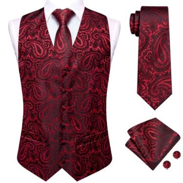 Imagem de Hi-Tie Conjunto de gravata masculina colete clássico colete e gravata lenço abotoaduras terno festa de casamento, Paisley vermelho, XX-Large