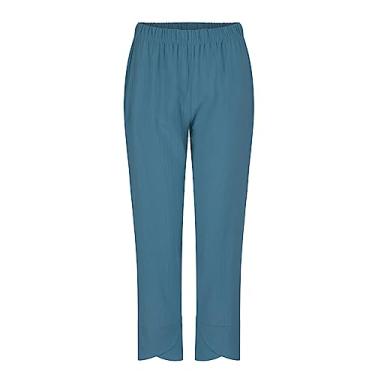 Imagem de Calça capri feminina de linho casual de verão calça cropped leve calça palazzo larga macia calça com bolsos, #A5-azul-marinho, 4G
