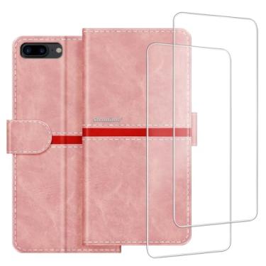 Imagem de ESACMOT Capa de celular compatível com iPhone 7 Plus + [2 unidades] película protetora de tela de vidro, capa protetora magnética de couro premium para iPhone 8 Plus (5,5 polegadas) rosa