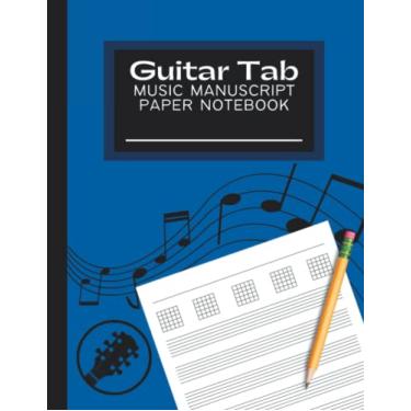 Imagem de Caderno de papel manuscrito musical com aba de guitarra: papel de folha de tablatura de guitarra em branco para guitarrista, músicos | 21,5 x 28 cm. 110 páginas | Azul