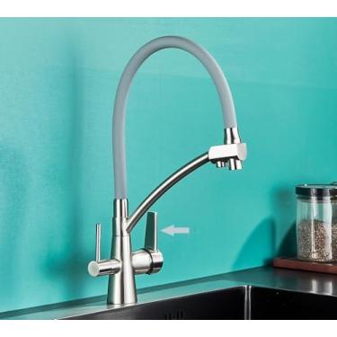 Imagem de Torneira da pia da cozinha torneira misturadora de filtro de água pura guindaste dupla alças purificação cozinha e torneira fria, mangueira cinza escovado