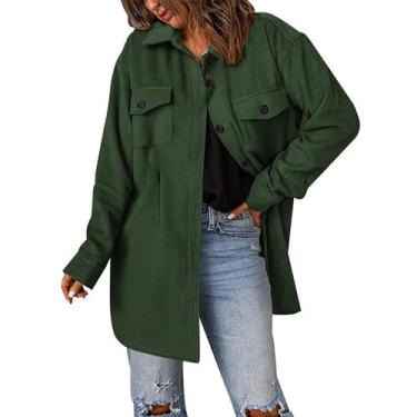 Imagem de Shacket Jaqueta feminina casual manga longa lapela abotoada outono 2023 casaco leve sólido, Verde, P