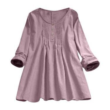 Imagem de Blusa feminina de linho com manga 3/4, plissada, de algodão, casual, solta, gola redonda, sólida, rosa, 3G