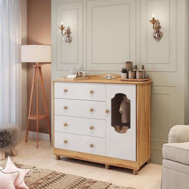 Imagem de Cômoda de Bebê 120,30cm 1 Porta com Janela e 4 Gavetas 100% Mdf Maya Provençal Espresso Móveis Branco Brilho/Amêndoa