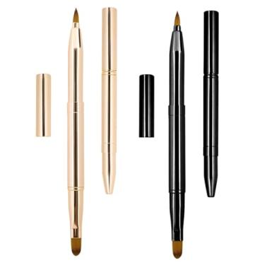 Imagem de DSADKI Pacote com 2 pincéis labiais para batom, pincéis labiais retráteis, delineador de batom retrátil com tampa, pincel de maquiagem de base de ponta dupla para mulheres (preto e dourado)