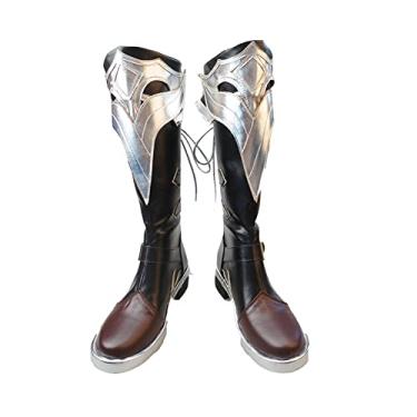 Imagem de COSGOGO Game Genshin Impact Diluc Tênis Vermelho Escuro Nova Skin The Whole Night Cosplay Botas de Couro PU Unissex Dia das Bruxas, Multi, 34