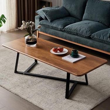 Imagem de Mesa de café pequena e moderna leve e luxuosa para sala de estar com pernas de armação de metal, mesa de coquetel retangular industrial simples, mesa média de madeira vintage, mesa de centro de metal