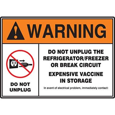 Imagem de Accuform Sinais "AVISO NÃO ABALGUE O REFRIGERADOR/CONGELADOR OU CIRCUITO DE QUEDA - VACINA CARA EM ARMAZENAMENTO", Sinal magnético de geladeira de vinil, lenda com gráfico, 17,78 x 25,4 cm, laranja/preto/vermelho no branco, MGS113