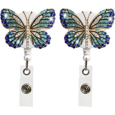 Imagem de Carretel retrátil para crachá de strass borboleta azul, com clipe jacaré giratório para professores, estudantes, voluntários, funcionários, escritório e material escolar