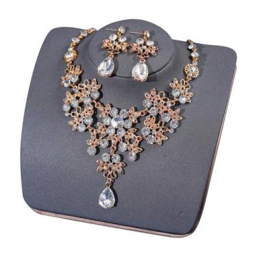 Imagem de Conjunto Colar e Brincos Elegantes Brillho Gota Luxo Dourado - anjo da