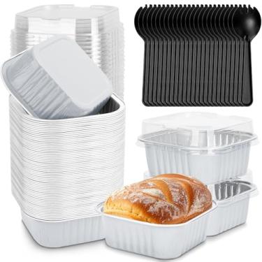 Imagem de Pacote com 60 mini formas de bolo descartáveis de 283 g com tampas, copos quadrados de folha de alumínio, 10 x 11 cm, recipientes grandes para bolos com tampas para bolos individuais de Natal e Ação