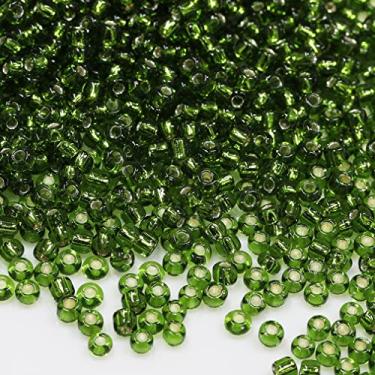 Imagem de Bala&Fillic Grânulos de semente de 3 mm com forro de prata verde exército cerca de 3600 peças/100 gramas no saco, 8/0 contas de vidro para artesanato para fazer pulseiras e colares (verde exército forrado com prata)
