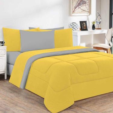 Imagem de Kit Edredom + Jogo De Lençol Malha 100% Algodão Gran Moratta 7 Peças Casal - Amarelo-cinza