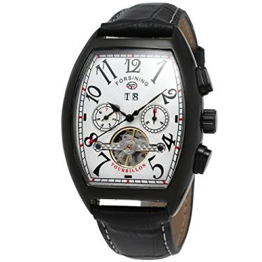 Imagem de FORSINING Relógio masculino automático retangular com calendário e pulseira de couro genuíno Tourbillon, Branco e preto., Clássico