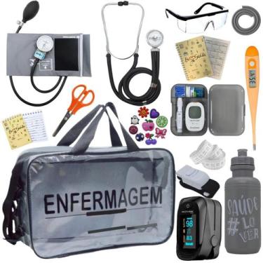 Imagem de Kit Bolsa Transparente Aparelho de Pressão Aneroide Medidor de Glicose