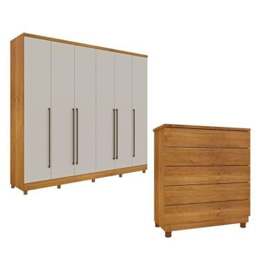 Imagem de Guarda-Roupa 6 Portas Portugal E Comoda 5 Gavetas Premium Com Pés Espresso Móveis Cinamomo/Off White