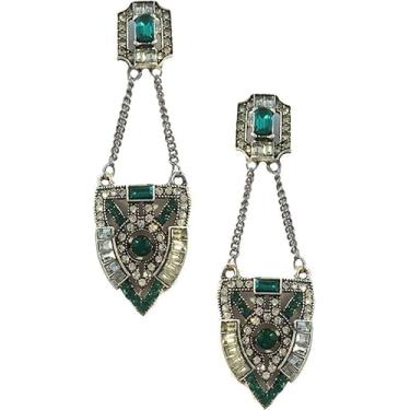 Imagem de Brincos pendentes longos para formatura de casamento com strass esmeralda verde flapper estilo vintage antigo Art Deco extra longo